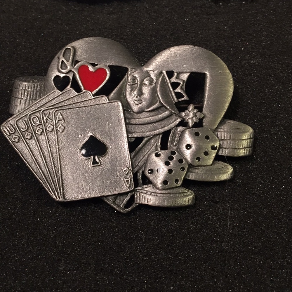 Vintage AJC pewter gambling brooch